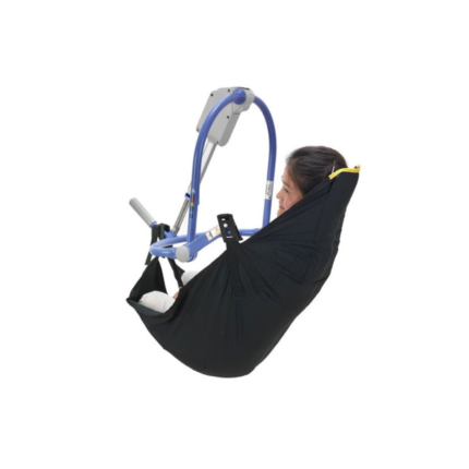An amputee sitting on a Double Amputee Sling All Day.