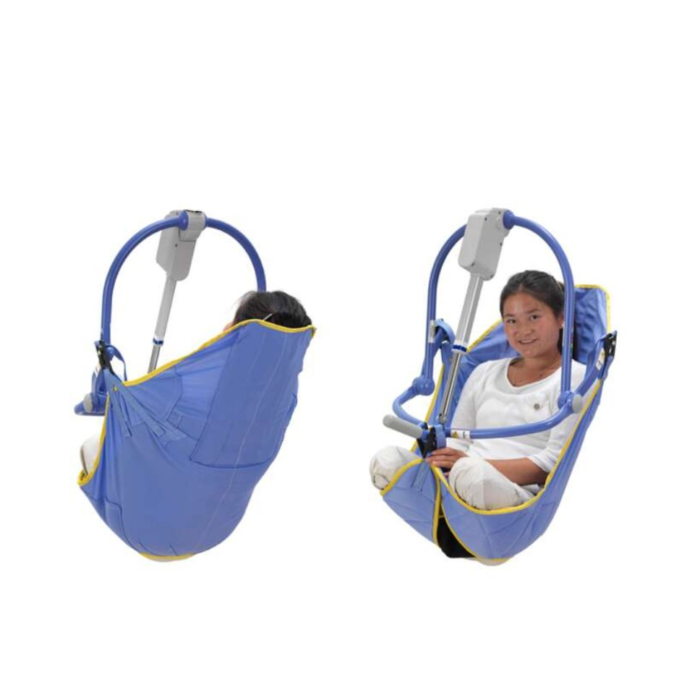 An amputee sitting on a Double Amputee Sling with Belt