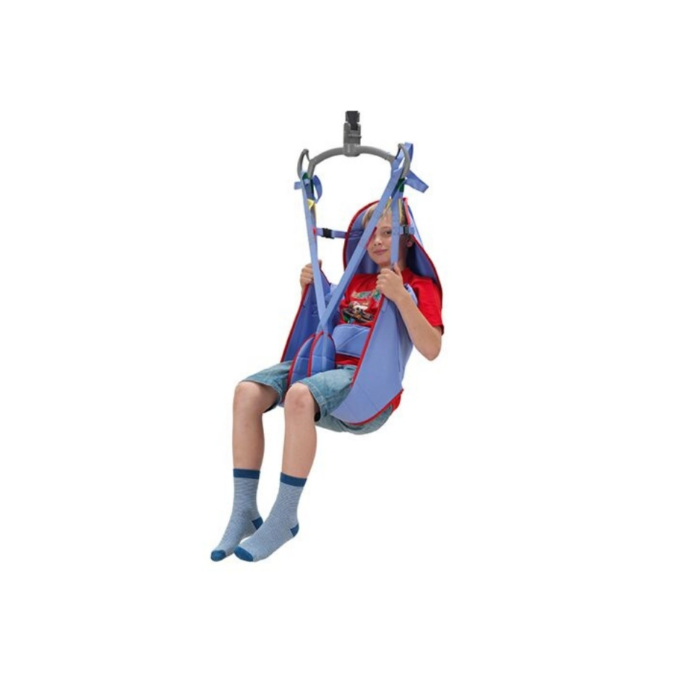 A patient sitting on toilet loop sling